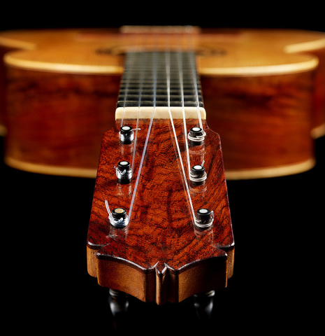 View from the headstock of a 1947 Marcelo Barbero w/pegs classical guitar made of spruce and CSA rosewood