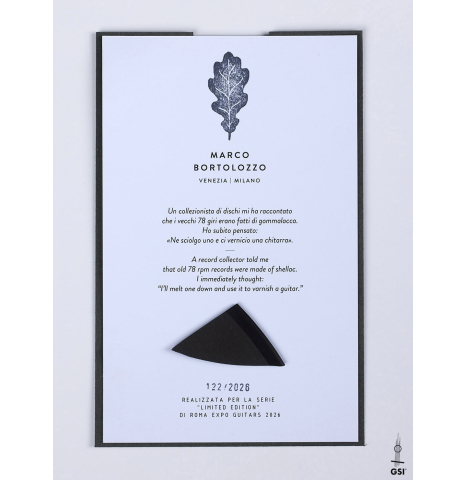 The certificate of authenticity including 78 rpm vinyl of a 2026 Marco Bortolozzo "Gold Record - REG Limited Edition" classical guitar made of spruce and satinwood