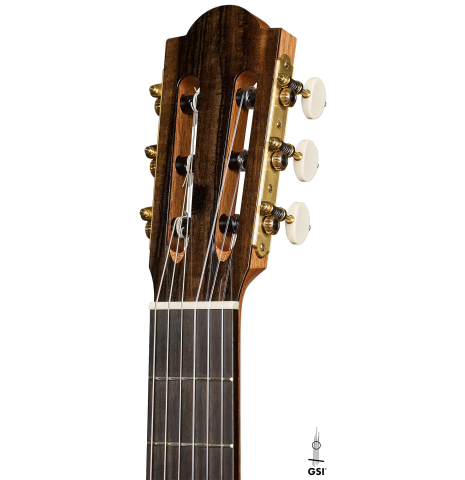 The headstock of a 2026 Marco Bortolozzo "Gold Record - REG Limited Edition" classical guitar made of spruce and satinwood
