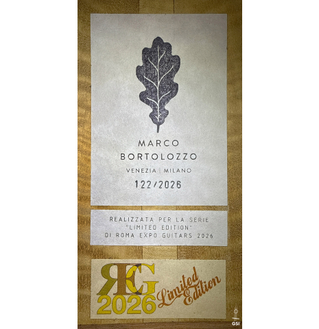 The labels of a 2026 Marco Bortolozzo "Gold Record - REG Limited Edition" classical guitar made of spruce and satinwood