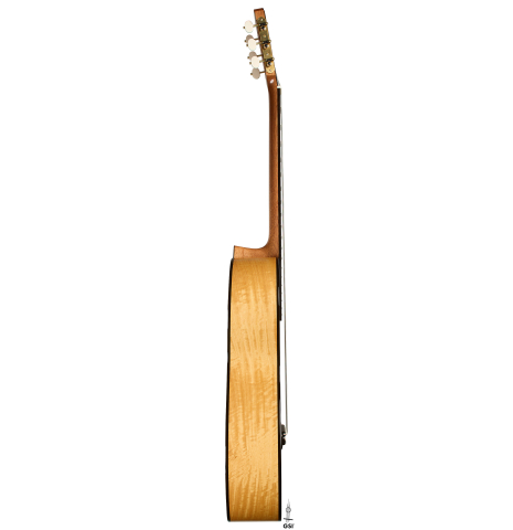 The side of a 2026 Marco Bortolozzo "Gold Record - REG Limited Edition" classical guitar made of spruce and satinwood