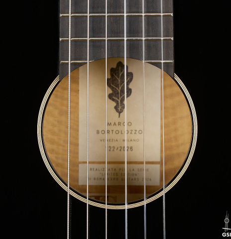 The soundhole of a 2026 Marco Bortolozzo "Gold Record - REG Limited Edition" classical guitar made of spruce and satinwood