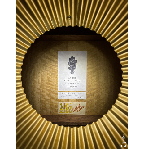 View of the tornavoz from the soundhole of a 2026 Marco Bortolozzo "Gold Record - REG Limited Edition" classical guitar made of spruce and satinwood