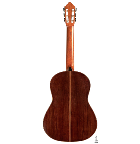 The back of a 2016 Michel Belair classical guitar made of cedar and Indian rosewood