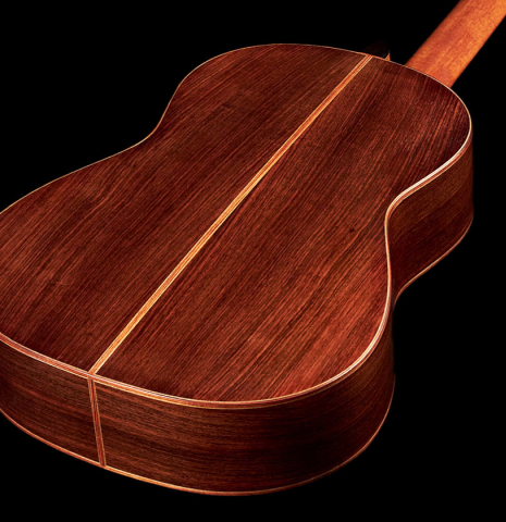 The back and sides of a 2016 Michel Belair classical guitar made of cedar and Indian rosewood