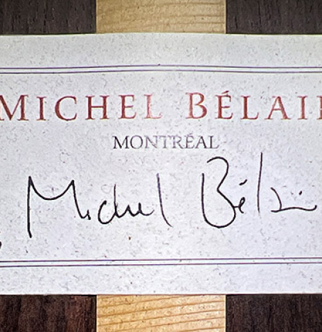 The label of a 2016 Michel Belair classical guitar made of cedar and Indian rosewood