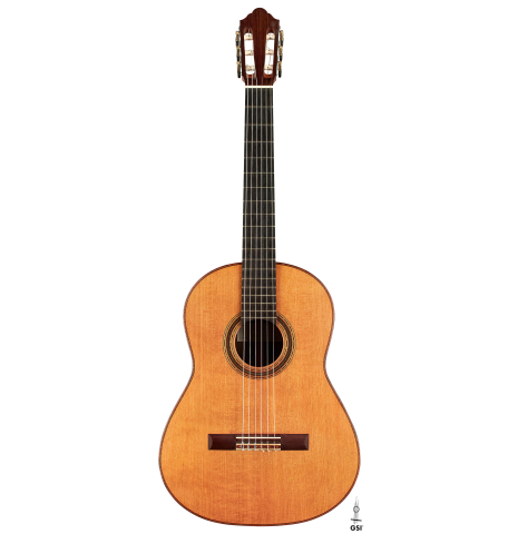 The front of a 2016 Michel Belair classical guitar made of cedar and Indian rosewood