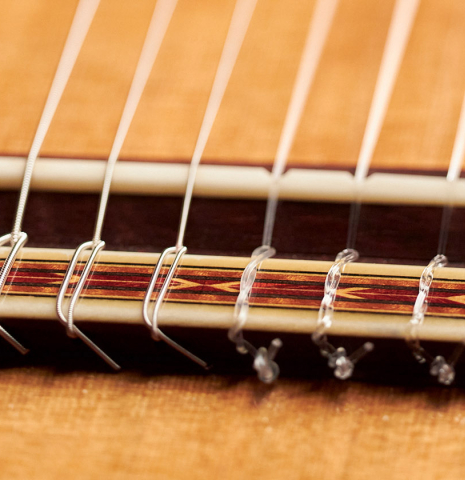 The bridge, saddle and nylon strings of a 2016 Michel Belair classical guitar made of cedar and Indian rosewood