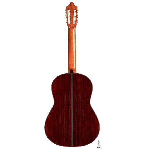 The back of a 2022 Michel Belair &quot;Hommage a Daniel Friederich&quot; classical guitar made of cedar and Indian rosewood