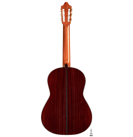 The back of a 2022 Michel Belair "Hommage a Daniel Friederich" classical guitar made of cedar and Indian rosewood