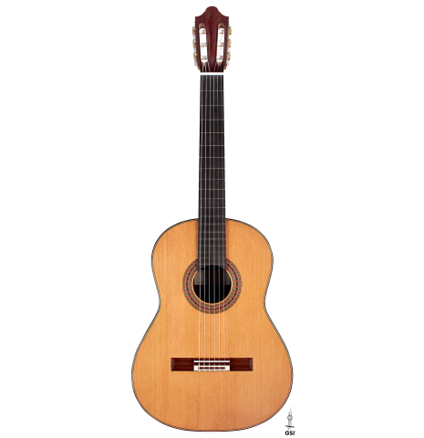 The front of a 2022 Michel Belair "Hommage a Daniel Friederich" classical guitar made of cedar and Indian rosewood