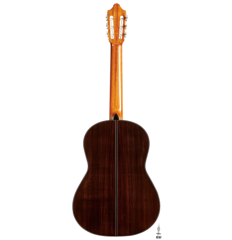The back of a 2024 Michel Belair "Hommage a Daniel Friederich" classical guitar made of cedar and Indian rosewood