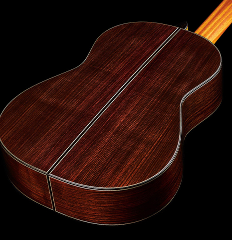 Back and sides of a 2024 Michel Belair "Hommage a Daniel Friederich" classical guitar made of cedar and Indian rosewood