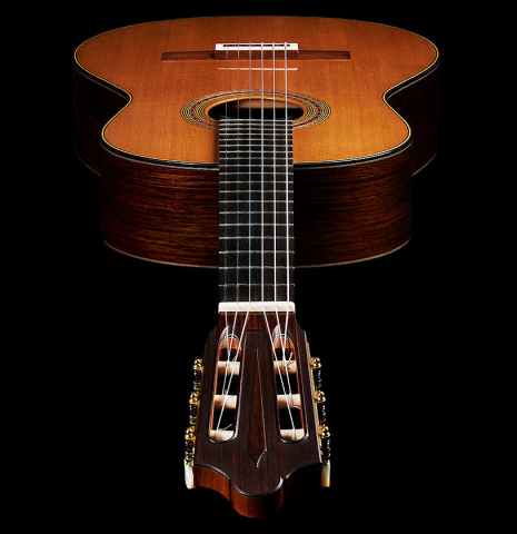 View from the headstock of a 2024 Michel Belair "Hommage a Daniel Friederich" classical guitar made of cedar and Indian rosewood