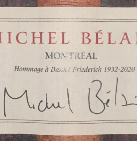 The label of a 2024 Michel Belair "Hommage a Daniel Friederich" classical guitar made of cedar and Indian rosewood