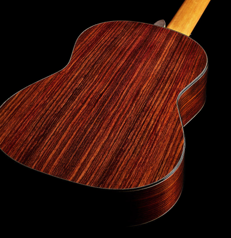 The back and sides of a 2025 Michel Belair "Double Top" classical guitar made of cedar and Indian rosewood