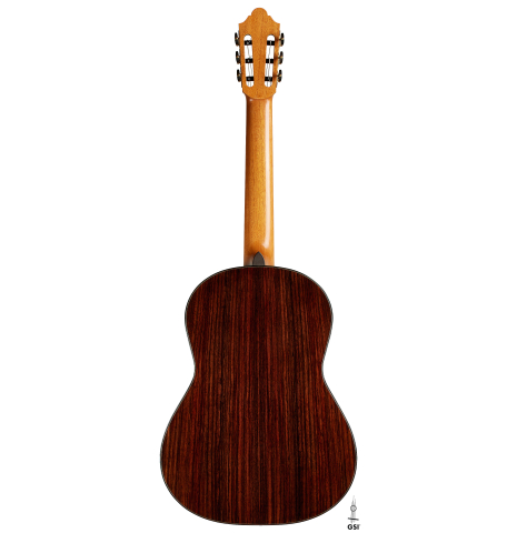 The back of a 2025 Michel Belair "Double Top" classical guitar made of cedar and Indian rosewood