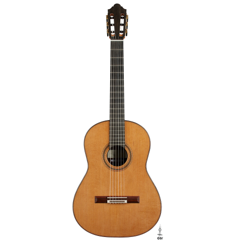 The front of a 2025 Michel Belair "Double Top" classical guitar made of cedar and Indian rosewood