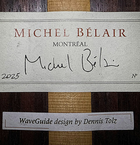 The label of a 2025 Michel Belair "Double Top" classical guitar made of cedar and Indian rosewood