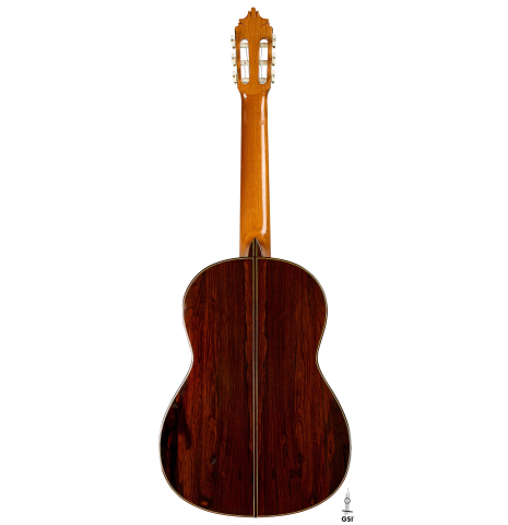 The back of a 1999 Jose Lopez Bellido classical guitar made of spruce and CSA rosewood