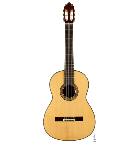 The front of a 1999 Jose Lopez Bellido classical guitar made of spruce and CSA rosewood