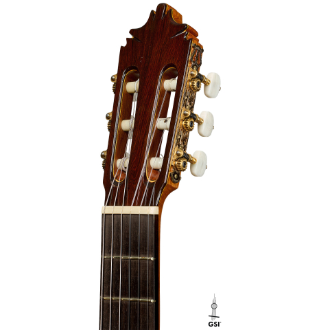 The headstock of a 1999 Jose Lopez Bellido classical guitar made of spruce and CSA rosewood