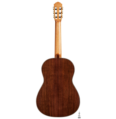 The back of a 2025 Tobias Berg classical guitar made of cedar and Indian rosewood