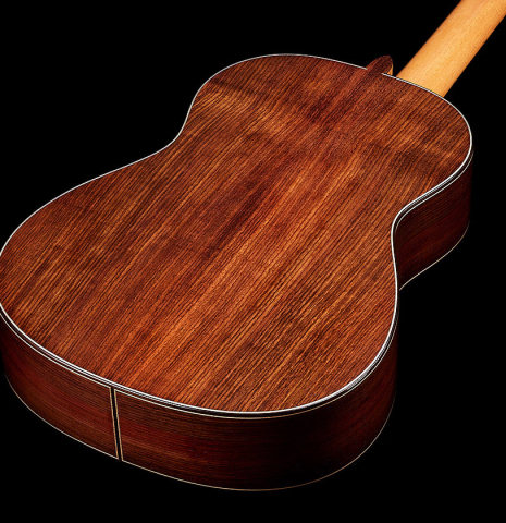 The back and sides of a 2025 Tobias Berg classical guitar made of cedar and Indian rosewood