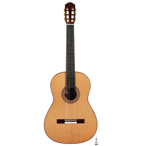 The front of a 2025 Tobias Berg classical guitar made of cedar and Indian rosewood