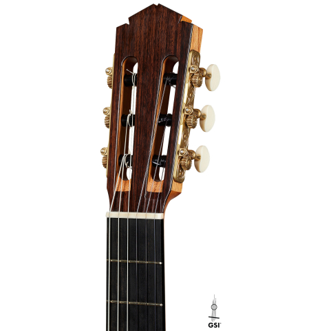 The headstock of a 2025 Tobias Berg classical guitar made of cedar and Indian rosewood