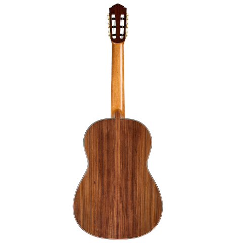 The back of a 2025 Tobias Berg classical guitar made of cedar and Indian rosewood