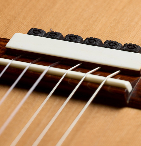 The bridge, tie-block and saddle of a 2025 Tobias Berg classical guitar made of cedar and Indian rosewood