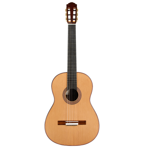 The front of a 2025 Tobias Berg classical guitar made of cedar and Indian rosewood