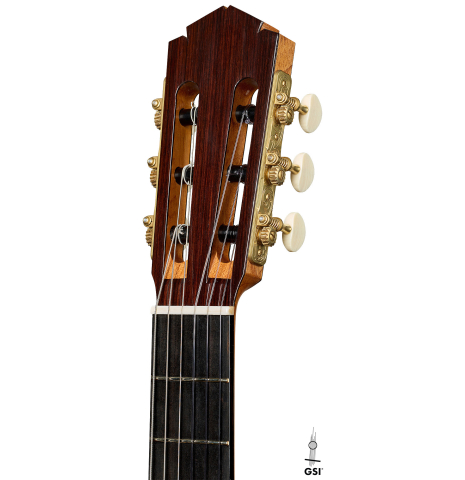 The headstock of a 2025 Tobias Berg classical guitar made of cedar and Indian rosewood