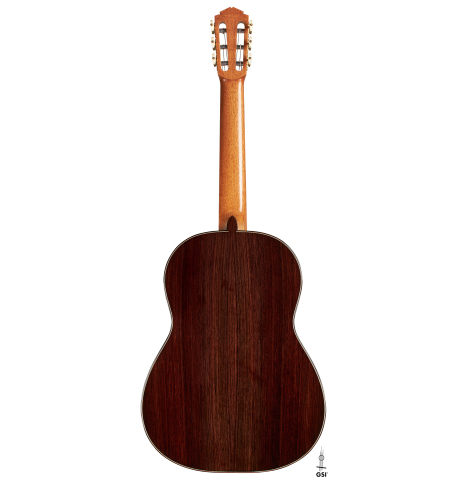 The back of a 2024 Tobias Berg classical guitar made of spruce and Indian rosewood