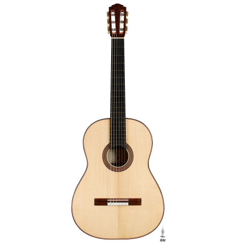The front of a 2024 Tobias Berg classical guitar made of spruce and Indian rosewood