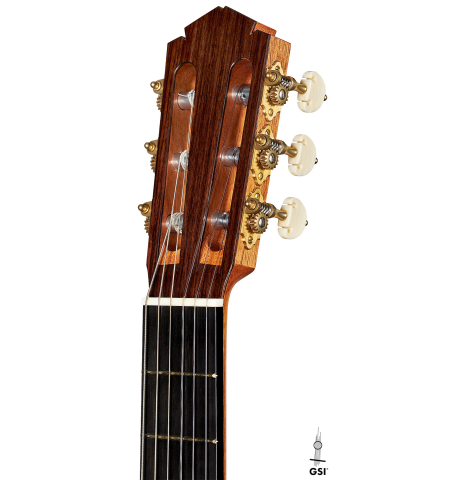 The headstock of a 2024 Tobias Berg classical guitar made of spruce and Indian rosewood
