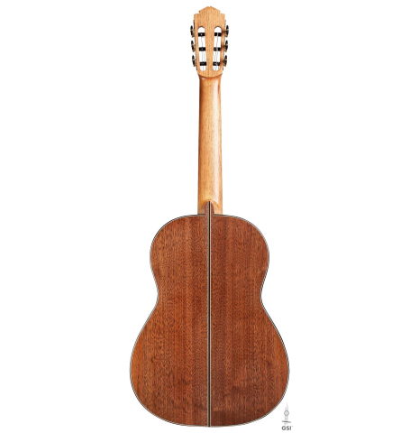 The back of a 2016 Tobias Berg classical guitar made of cedar and walnut