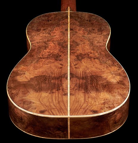 The dramatic set of European walnut used for the back and sides of a 2022 Tobias Berg CD/WN classical guitar