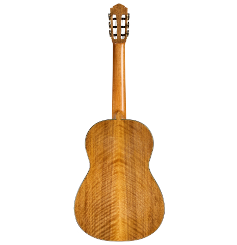 The back of a 2025 Tobias Berg classical guitar made of cedar and walnut
