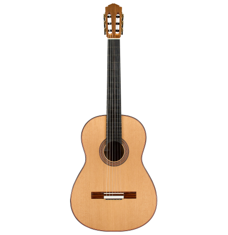The front of a 2025 Tobias Berg classical guitar made of cedar and walnut