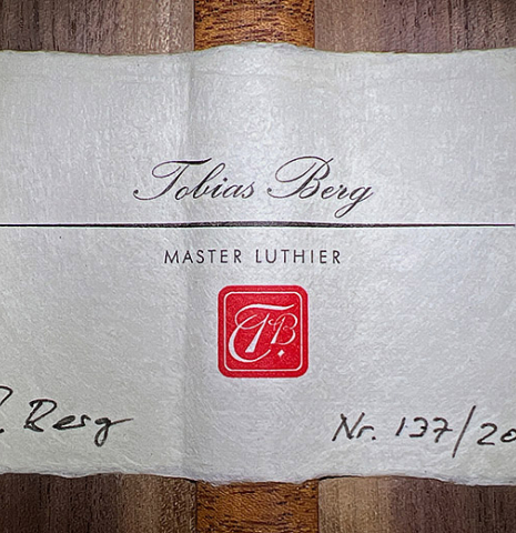 The label of a 2022 Tobias Berg SP/WN guitar