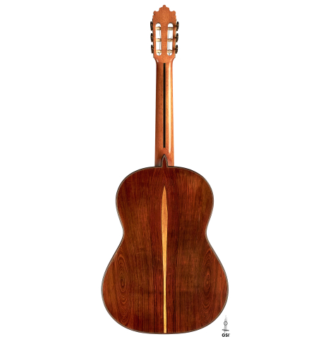 The back of a 2000 Paulino Bernabe &quot;Millenium&quot; classical guitar made of spruce and CSA rosewood