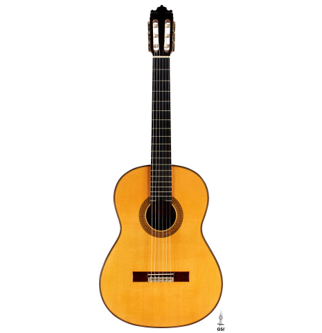 The front of a 2000 Paulino Bernabe &quot;Millenium&quot; classical guitar made of spruce and CSA rosewood