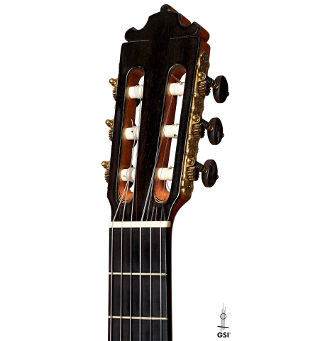 The headstock of a 2000 Paulino Bernabe &quot;Millenium&quot; classical guitar made of spruce and CSA rosewood