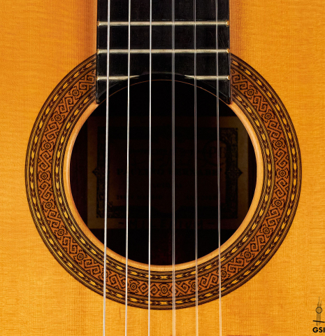 The rosette of a 2000 Paulino Bernabe &quot;Millenium&quot; classical guitar made of spruce and CSA rosewood