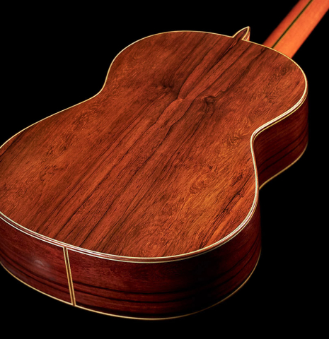 The back of a 2007 Paulino Bernabe "Leonardo" classical guitar made with spruce and African rosewood.