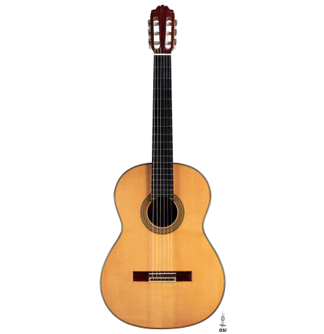 The front of a 2007 Paulino Bernabe "Leonardo" classical guitar made with spruce and African rosewood.