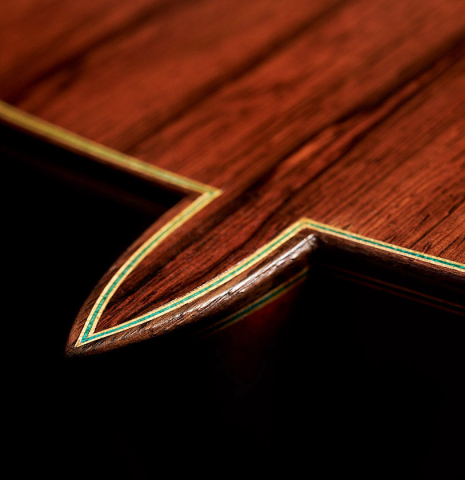 The heel of a 2007 Paulino Bernabe "Leonardo" classical guitar made with spruce and African rosewood.