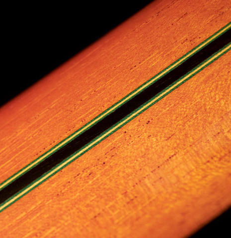 The neck of a 2007 Paulino Bernabe "Leonardo" classical guitar made with spruce and African rosewood.